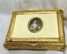 Reuge Swiss Vintage Music Jewelry Box Sgnd Portrait Miniature Ornate Gold Metal picture