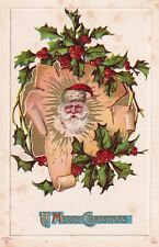 Vintage Merry Christmas Postcard 1900s Santa Claus St Nick Mistletoe Red Berries picture