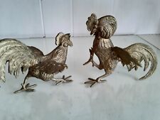 2 Vintage MCM Brass Fighting Roosters Chickens Detailed Art Deco Figurines 5