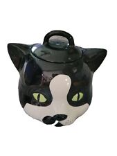 Vandor 1993  Cat Cookie Jar Canister Lid Green Eyes Black White Red Collar 8x8in picture
