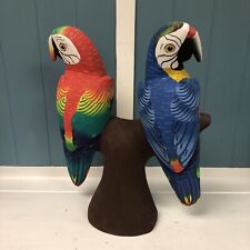 Unique Handmade Wooden Painted Pair Of Red Blue Macaw Parrot on Perch 16” Wood picture