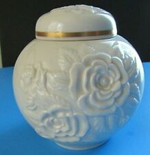 Lenox USA Ivory Rose Flower Embossed 24K Gold Trim Lidded Jar Bowl 5 inches Tall picture