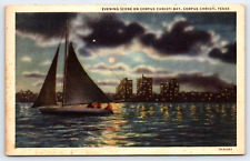 Original Old Vintage Antique Postcard Boat Bay At Night Corpus Christi Texas picture