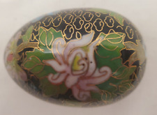 Floral~Vintage Cloisonne Egg~ Black Enamel Brass~ Pink Blue Peonies 2.5” NICE picture
