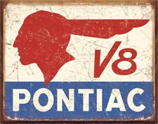 Pontiac V8 Vintage Tin Metal Sign Retro Man Cave Garage Decor 12.5 X 16 picture