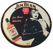RARE JIM BEAM PORCELAIN PINUP GIRL WHISKEY LIQUOR GAS OIL GARAGE PUMP PLATE SIGN picture