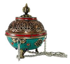 Nepal Tibetan Buddhist Turquoise Hanging Incense Burner Copper Deep Carving picture