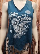 Harley Davidson Tank Womens Size Medium Teal Graphic Motor Cycles Fringed picture
