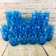 Set of 24 Vintage Mid-Century Blue Floral Retro Drinking Glasses textured daisy picture