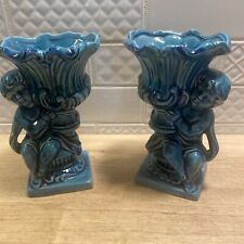 Set/2 – MCM Vintage Turquoise Blue Glazed Ceramic Cherub & Pot Vases Figurines picture