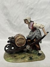 Vintage Capodimonte Porcelain Woman Pushing Barrel Beer Maid Figurine Italy picture