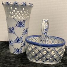 Vtg. Ceramic Reticulated Basket And Vase Set picture