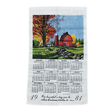 1981 Pure Linen Calendar Kitchen Towel Wall Hanging Red Barn Silo Autumn Farm picture