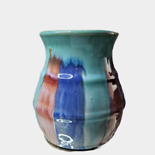 Vintage Hull Pottery Early American Art Stoneware Vase Turquoise Red Blue Glaze picture