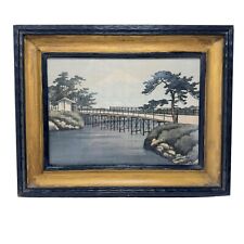 Vintage Antique Painting On Silk Japan Mt Fuji Bridge Trees Framed Under Glass picture