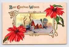 c1912 Postcard Pointsettias & Mill House Christmas Wishes E Nash Embossed picture