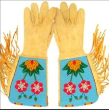 Old American Style Handmade Beaded Leather Gauntlet Gloves Floral Design G221 picture