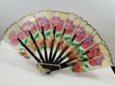 Vintage Oriental Hand Fan Hand Painted Textured Rice Paper Red Roses picture