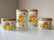 4 Pc Vintage Cheinco Flower Tin Canister Set Rattan Wood Lid 60s 70s  picture