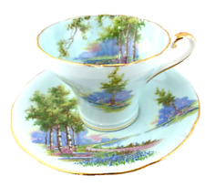 Vintage Rare Aynsley  Handpainted Cup & Saucer Gold Blue Landscape Trees 02-007 picture