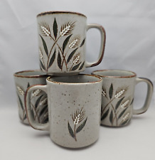 Speckled Stoneware Coffee Mugs sett 4 Vintage Wheat Motif Boho Prairie Farmhouse picture