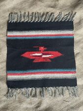 Vtg Southwest Chimayo Style Hand Woven Wool Mat Rug Thunderbird 15”x15” Fringe picture