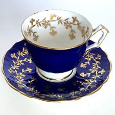 Aynsley Deep Blue No28 Scalloped Border Gold Accent Floral Thistle Teacup Saucer picture