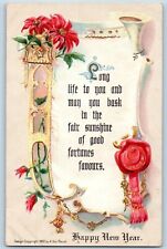 Von Beust Signed Postcard New Year Poinsettia Flowers Embossed c1910's Antique picture