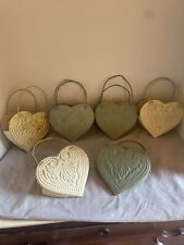 Vntg Lot Of 6 Metal Cream & Green Relief Heart Basket w/ Handles: 9.75” Hx 6.5” picture