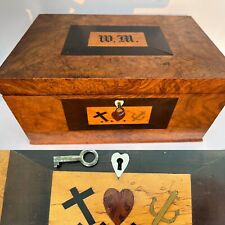 Antique 19th c Burl Wood Marquetry w Heart Inlays Mourning Box Chest w Key 13.5