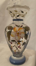 Tracey Porter Painted Bud Vase Painted Flowers Clear 6.5 inches tall Blue Base picture