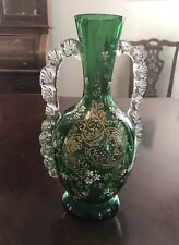 Antique Victorian Two Handled Green Glass Vase Enamel Flowers Gilded 10.5