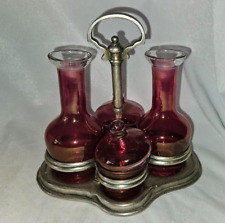 Antique Cranberry Flash-on Glass Cruet Set Castor condiment & Metal Stand picture