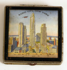 ANTIQUE WOMENS COMPACT MIRROR CASE RADIO CITY NEW YORK SOUVENIR AIRPLANE NYC  picture