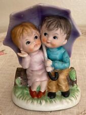 Vintage Ceramic Figurine Rainy Day Friends Under Big Purple Umbrella picture