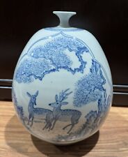 Vintage Korean Pottery Vase with Underglaze Blue Decoration and Signed picture