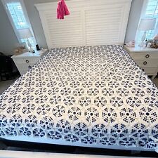 Vintage Hand Crocheted Bed Coverlet Navy Ivory Geometric Shabby 82” X 88” picture