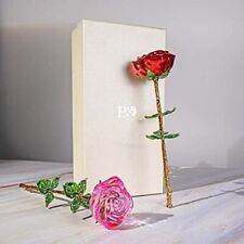 Crystal Rose Flower Green Leaves Glass Tabletop Showpiece Romantic Perfect Gift picture
