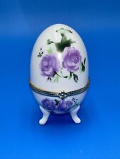 Lovely Porcelain Egg Shaped Trinket Box Hinged Footed Purple Roses Gold Trim picture