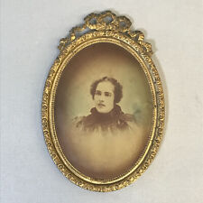 Antique Ornate Gold Metal Tin Oval Frame Lady Litho Bow Vintage French Style picture