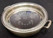 Antique Etched Pyrex Clear Glass Pie Plate & Silver Carrier/Holder #209 picture