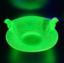 Vintage Fenton Green Depression Glass Bowl Bird Handles, Uranium Glow picture