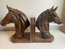 Vintage Horse Head Bookends Cast Metal 9” Equestrian - Wood Base Classy & Heavy picture