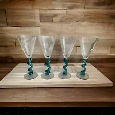 Set Of 4 Union Street Spiral Aqua Blue Stemmed Water/Wine Handmade 1995 Signed picture