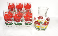 Anchor Hocking6 Drinking Glasses and Pitcher Floral MCM Red Yellow flowers picture