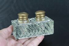 Antique Inkwell Vintage Old Style Thick Clear Glass Brass Cap Fitted Two Ink Pot picture