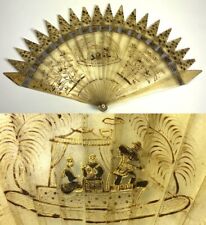 Rare Antique French Empire Hand Fan, c.1810-25, Blackamoors, Boat, Exotic Birds picture