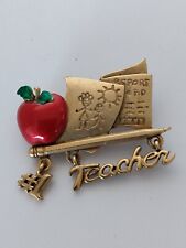 #1 Teacher Red Apple Drop Charm Gold Tone AJC Brooch Lapel Pin picture