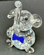 Clear Faceted Cut Glass Crystal Sitting Elephant Figurine Blue Bowtie  3.5