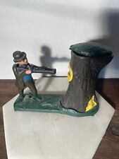 Antique 1950s Reproduction~Cast Iron Coin Bank Hunter With Bear In Tree~WORKING picture